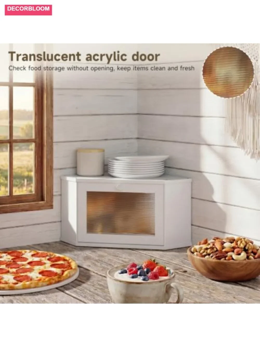 Corner Bamboo Bread Box with Translucent Acrylic Door for Kitchen Countertop